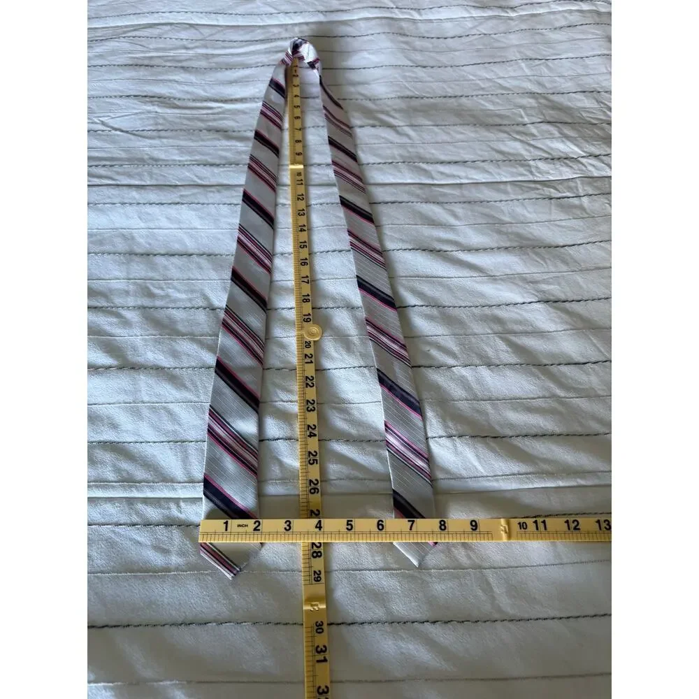 Striped Silk Tie With Gray Base and Vibrant Pink Magenta And Dark Stripes